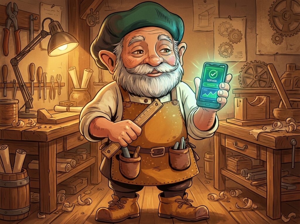 新しくなったサーバー画面を見て、満足げに頷くタジェール爺さんのイラスト