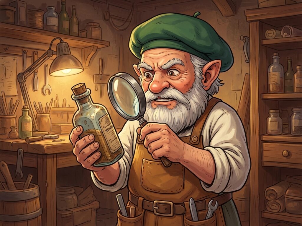 虫眼鏡を片手に、古い薬瓶を覗き込んで顔をしかめているタジェール爺さんのイラスト