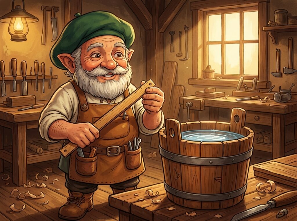 修理されたバケツに水がなみなみと溜まり、満足げに定規を持つタジェール爺さんのイラスト