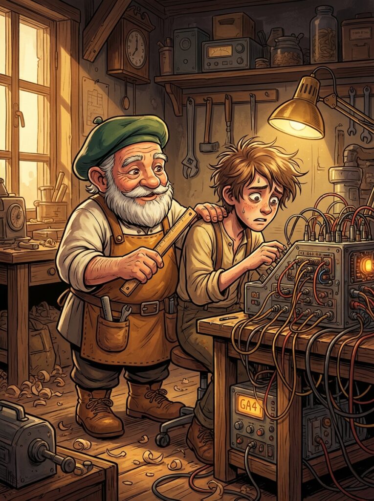 複雑な配線の機械(GA4)を前に頭を抱える若者を、定規で軽く叩いて諭すタジェール爺さんのイラス