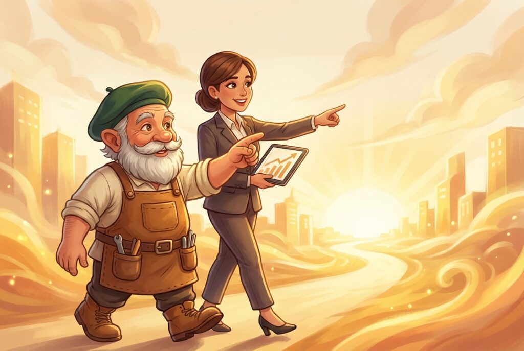 御社の担当者と肩を並べ、同じ方向（未来）を指差して歩き出すタジェール爺さんのイラスト