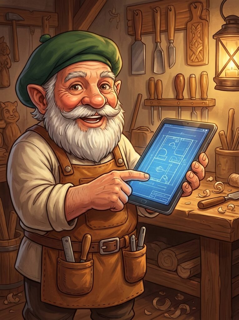 タブレットの画面を指差し、頼もしく微笑むタジェール爺さんのイラスト