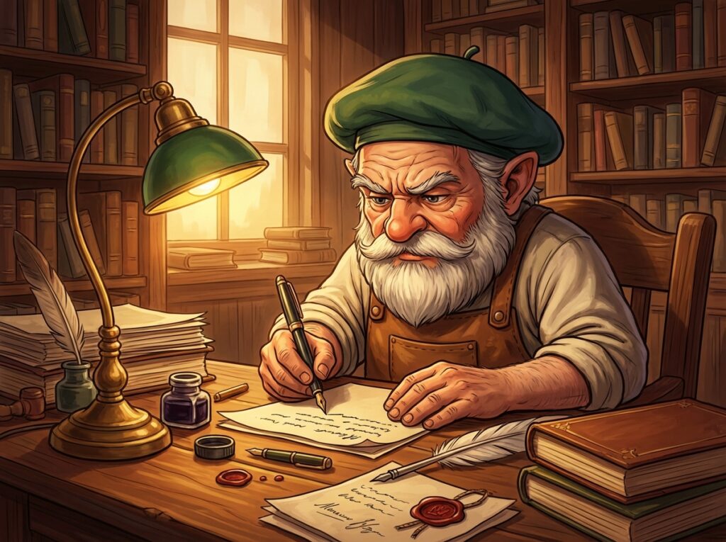 机に向かい、真剣な眼差しでペンを走らせているタジェール爺さんのイラスト