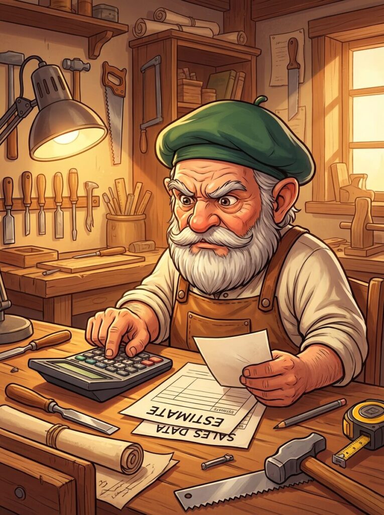 電卓を片手に、見積書と売上データを交互に見比べて、険しい顔をしているタジェール爺さんのイラスト