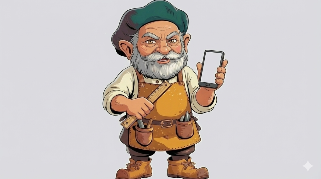 職人のエプロンを締め、使い込まれた定規を手に優しく、しかし鋭い眼差しで語りかけるタジェール爺さんのイラスト）