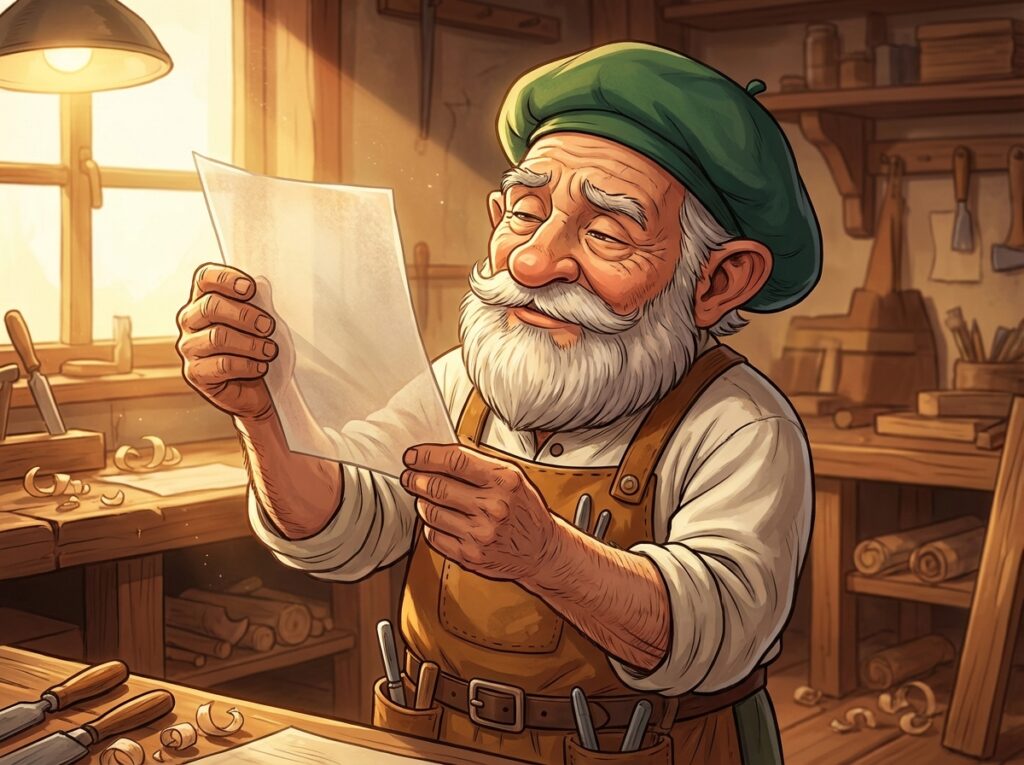 薄っぺらい紙(内容のない記事)を透かして見て、「これじゃ客の腹は満たせん」と首を横に振るタジェール爺さんのイラスト)