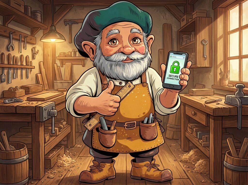 スマホ画面に鍵マーク（SSL）が表示されているのを見て、親指を立てるタジェール爺さん