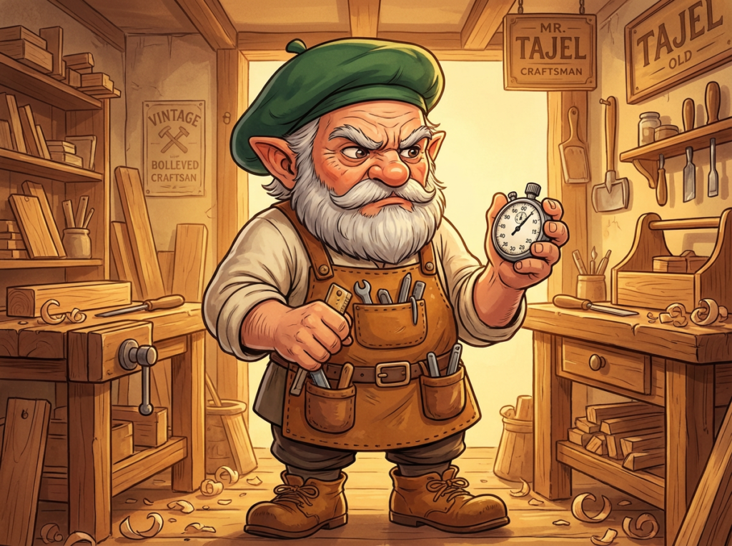 店先でストップウォッチを睨みつけ、眉間にシワを寄せているタジェール爺さんのイラスト