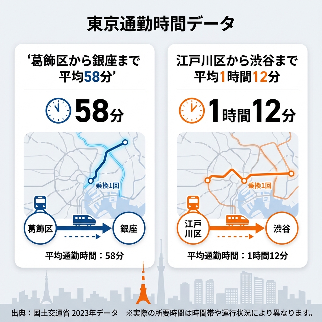 葛飾区から銀座まで、Google Mapで計測すると片道平均58分。江戸川区から渋谷まで平均1時間12分。