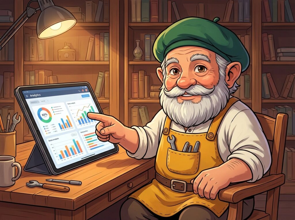 タブレットの画面を指差し、頼もしく微笑むタジェール爺さんのイラスト