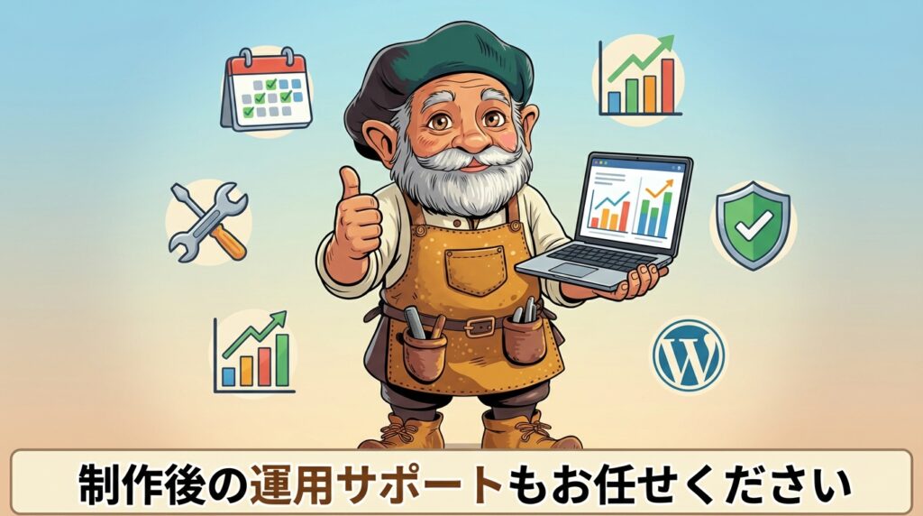 制作後の運用サポートもおまかせくださいとアピールするタジェール爺さん