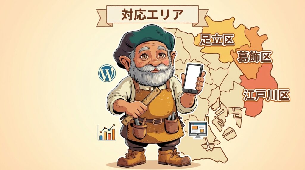 足立区・葛飾区・江戸川区が対応エリアであることをアピールするタジェール爺さん