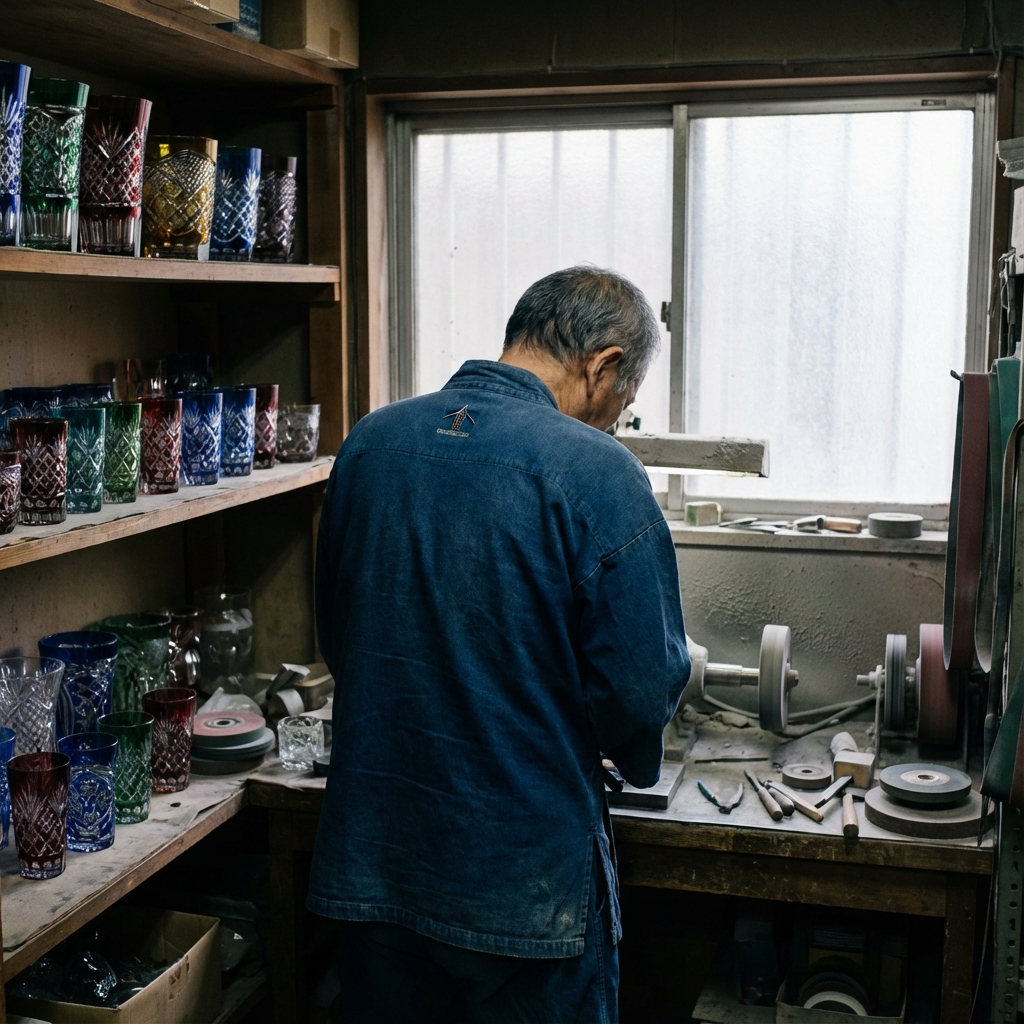 墨田区の江戸切子の伝統工房の社長。がっかりして肩を落としている後ろ姿