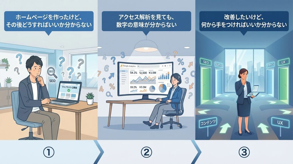 「ホームページを作ったけど、その後どうすればいいか分からない」
「アクセス解析を見ても、数字の意味が分からない」
「改善したいけど、何から手をつければいいか分からない」