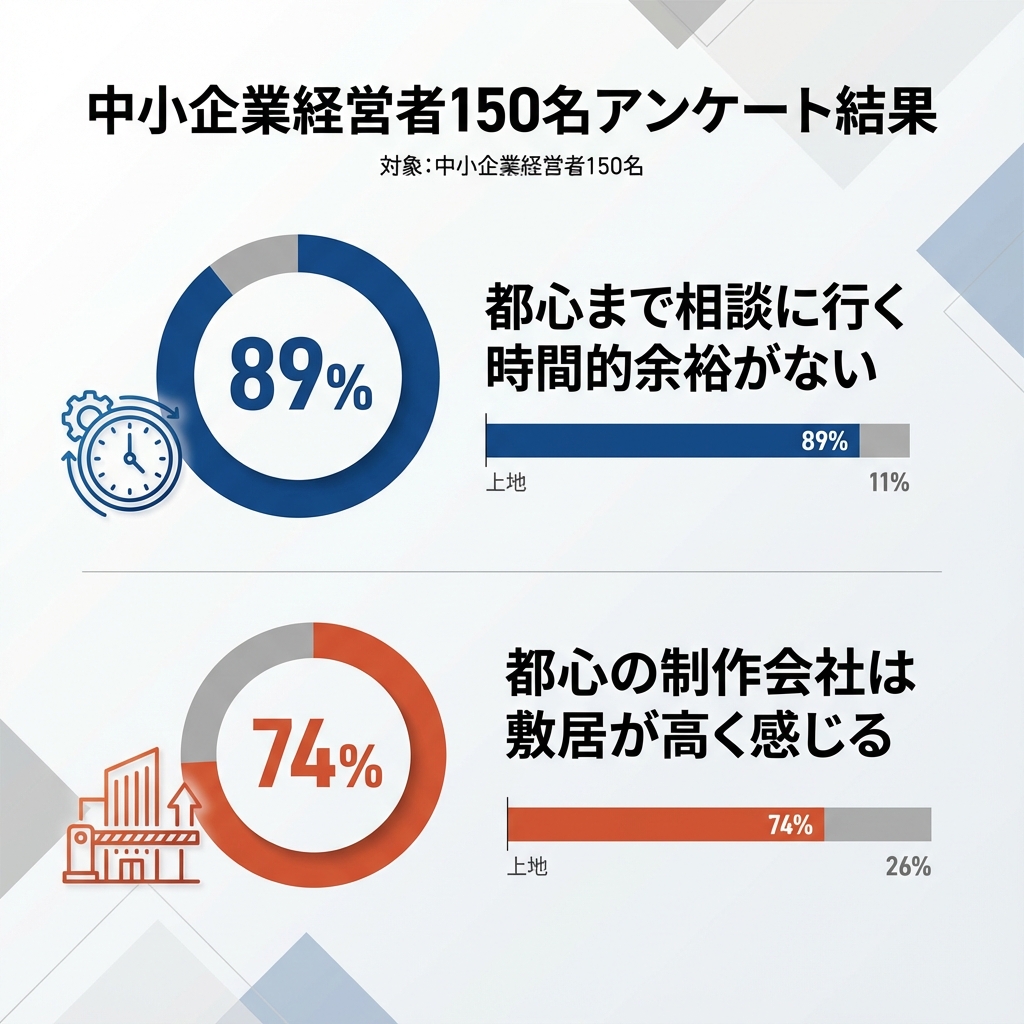 私が過去に相談を受けた企業の経営者150名にアンケートを実施したところ、「都心まで相談に行く時間的余裕がない」と回答した方が89%でした。さらに、「都心の制作会社は敷居が高く感じる」と答えた方が74%に上りました。