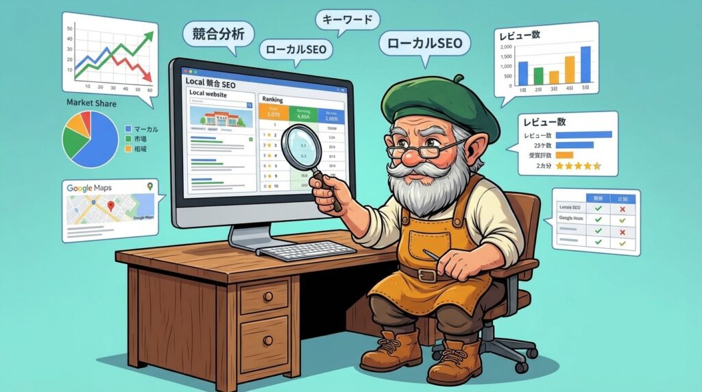 競合他社のローカルSEO施策を分析するタジェール爺さん