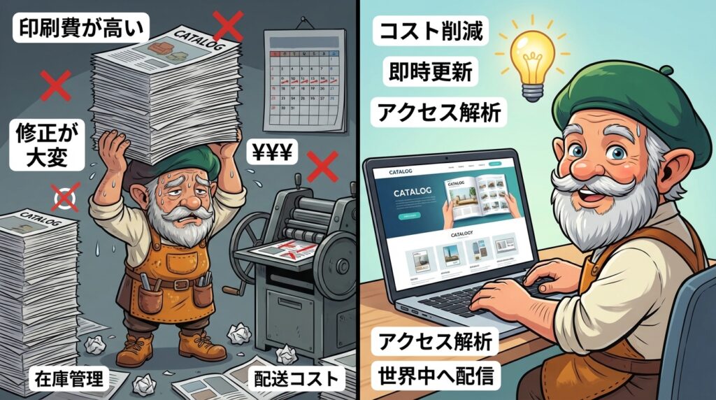 紙のカタログは印刷費がかかり、修正も大変です。ホームページなら、いつでも最新情報に更新でき、印刷費もかかりません。