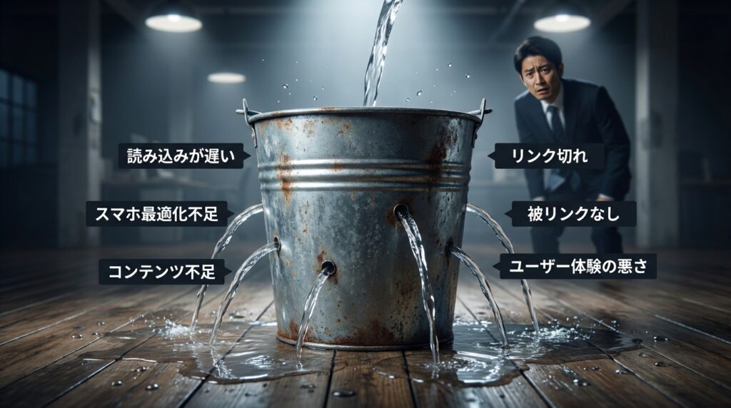 部分的にしか対策できていない穴の空いたバケツのようなもの