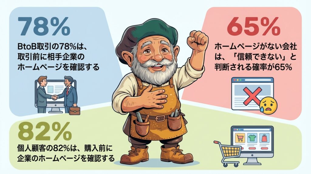 BtoB取引の78%は、取引前に相手企業のホームページを確認する
ホームページがない会社は、「信頼できない」と判断される確率が65%
個人顧客の82%は、購入前に店舗・企業のホームページを確認する