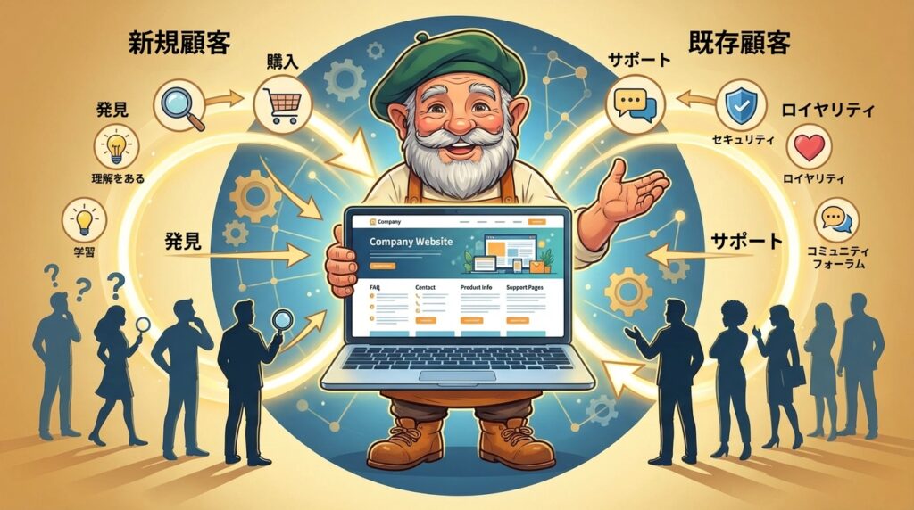 ホームページは、新規顧客だけでなく、既存顧客にも価値を提供します。既存顧客が困った時、疑問を持った時、ホームページがあれば、自分で解決できます。
新規顧客を獲得することも重要ですが、既存顧客を維持し、満足度を高めることも同じくらい重要です。既存顧客が離れてしまえば、いくら新規顧客を獲得しても、ビジネスは成長しません。