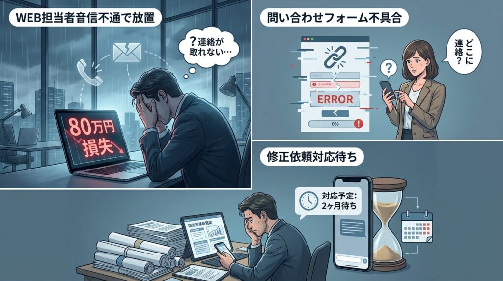ホームページを80万円で制作してもらったが、納品後に連絡が取れなくなった」
「問い合わせフォームが動かなくなったが、どこに連絡すればいいか分からない」
「コンサルタントから改善提案を受けたが、制作会社に依頼したら2ヶ月待ってくださいと言われた」
——こうした相談を、私は年間10件以上受けます。