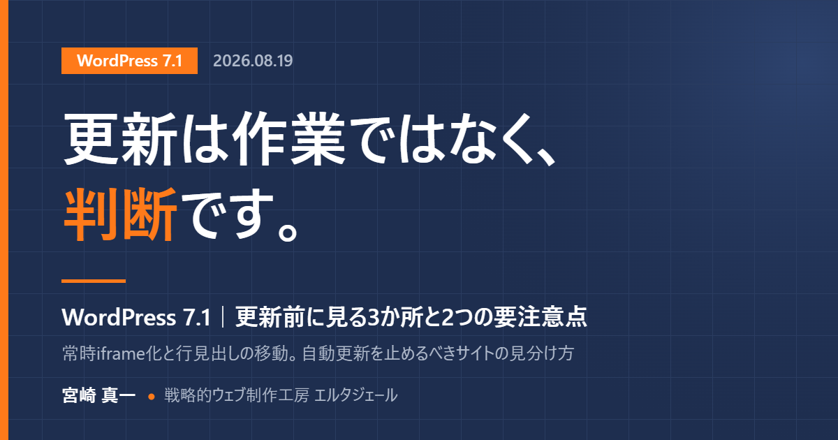 WordPress 7.1のアイキャッチ画像。「更新は作業ではなく、判断です。」というコピーと、更新前に見る3か所と2つの要注意点という副題
