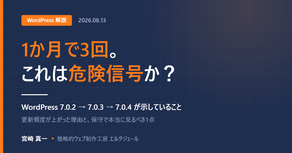 濃紺の背景に「1か月で3回。これは危険信号か?」と大きく書かれたアイキャッチ画像。副題はWordPress 7.0.2から7.0.4が示していること。